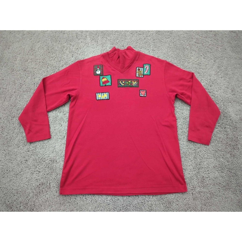 Vintage Karen Scott Turtleneck Shirt‎ Medium Red Long Sleeve Christmas Patches